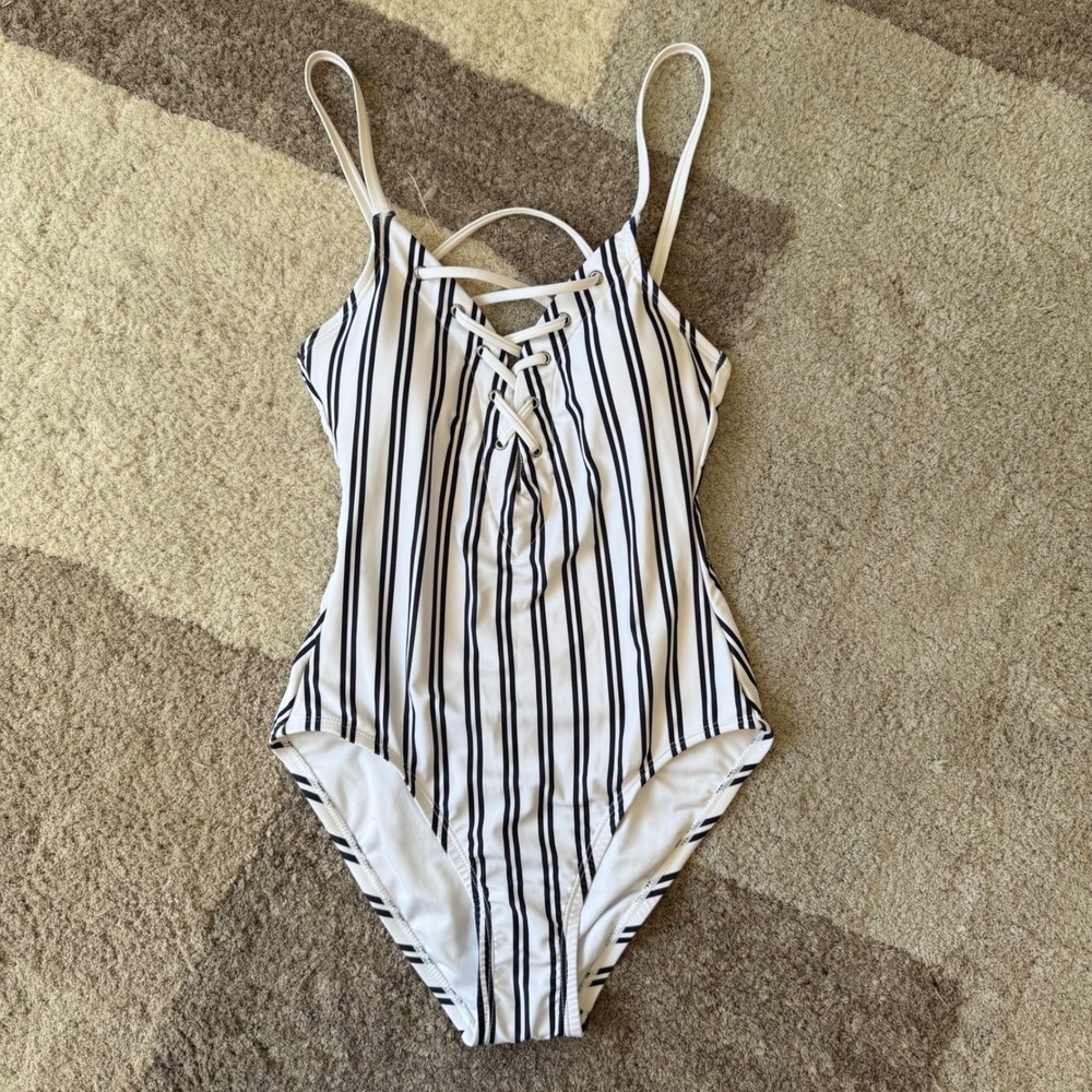 Nautica Womens Striped Lace Up One Piece Swimsuit Navy White Slimming Small NEW